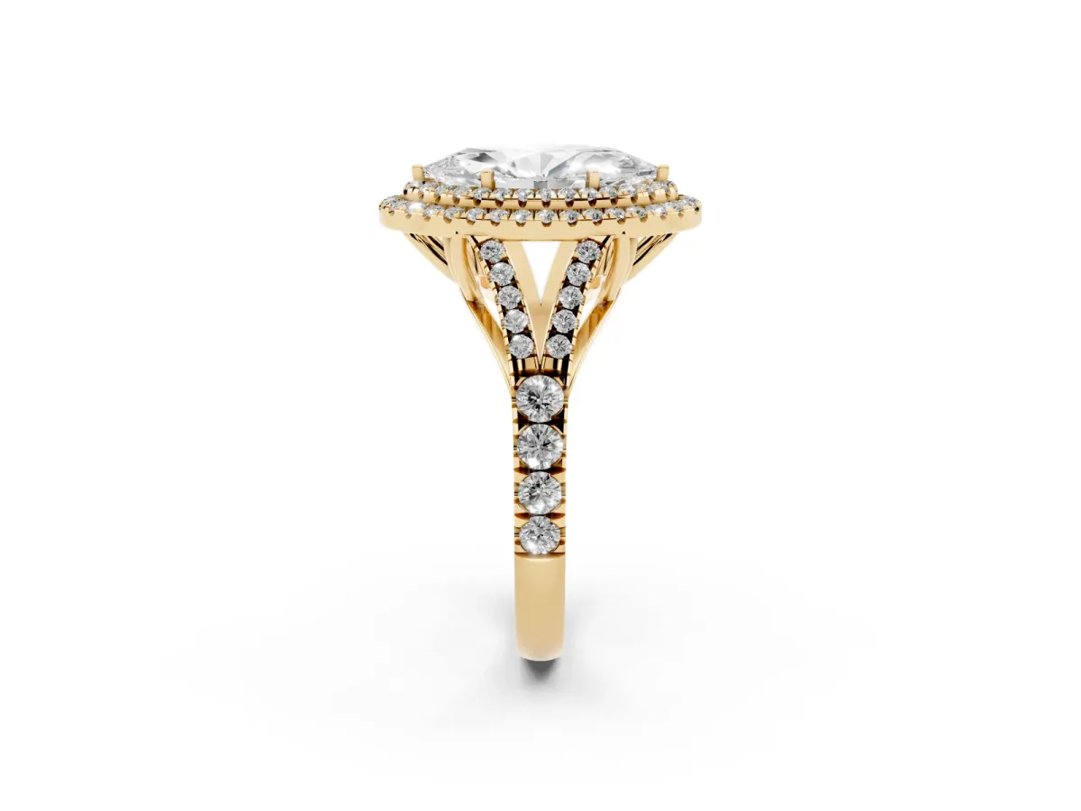 Marquise Cut Diamond Pavé Split Shank Double Halo Engagement Ring Yellow gold