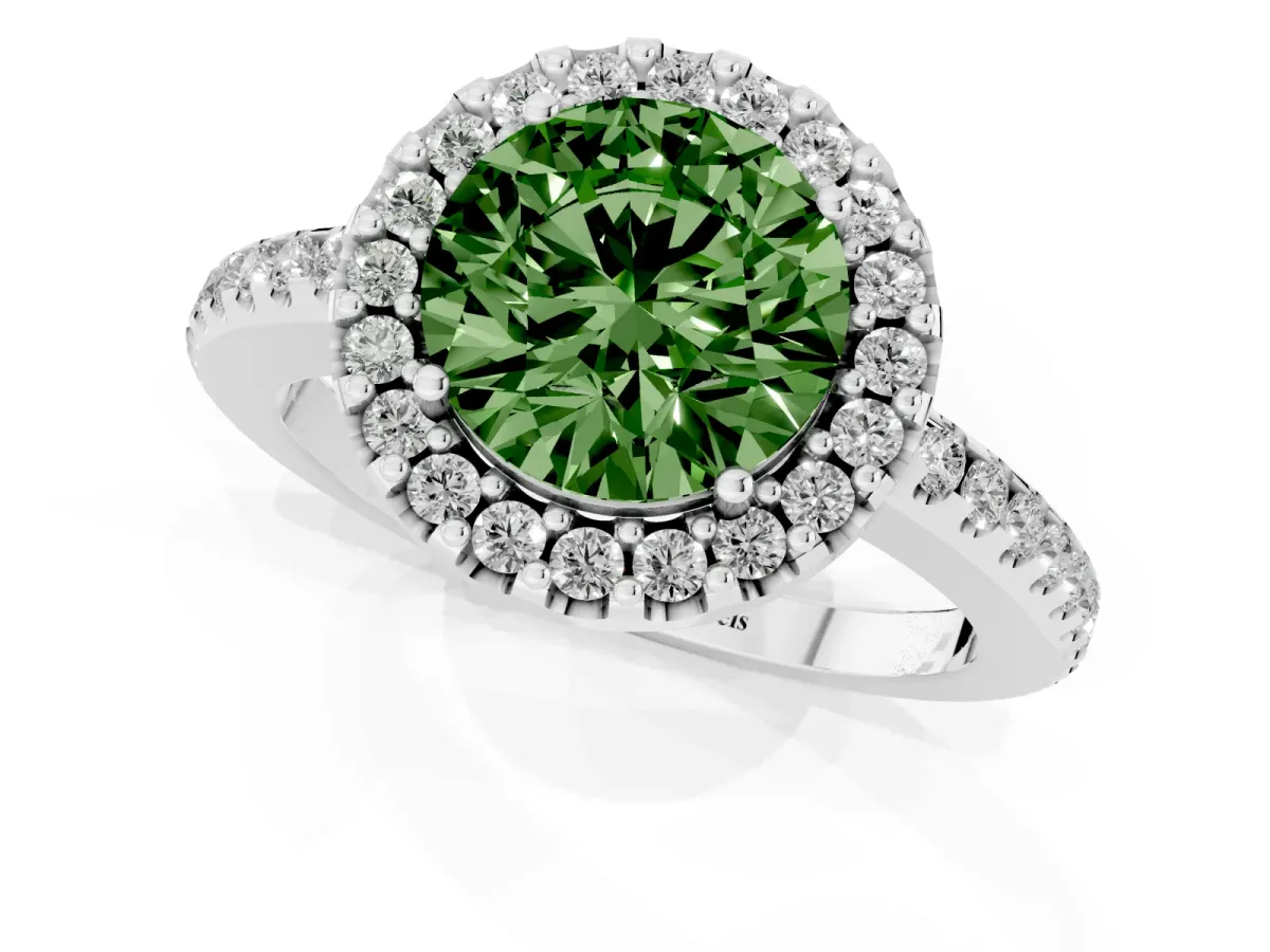 Fancy Green Round Cut Diamond Pavé Halo Ring with Four-Prong Setting Platinum