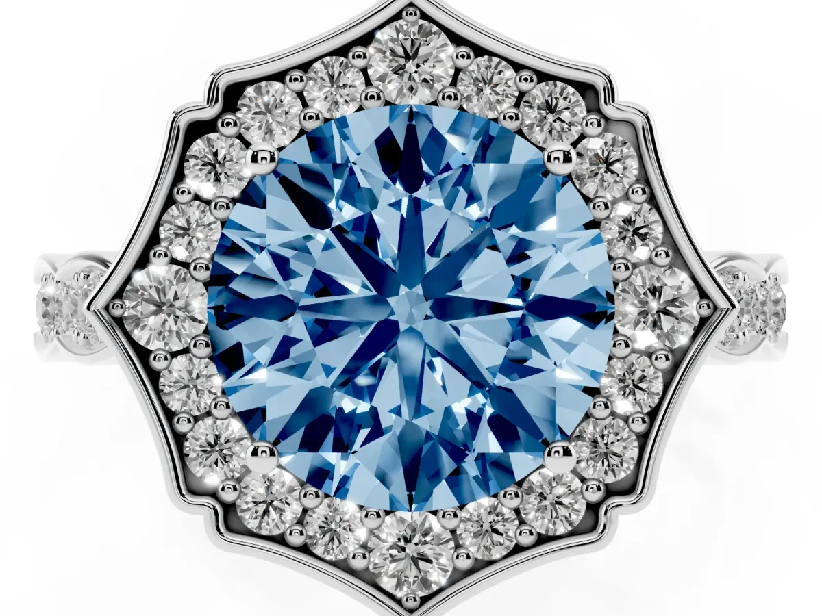 Fancy Blue Round Cut Halo Diamond Engagement Ring with Milgrain Band and Four-Prong Setting Silver
