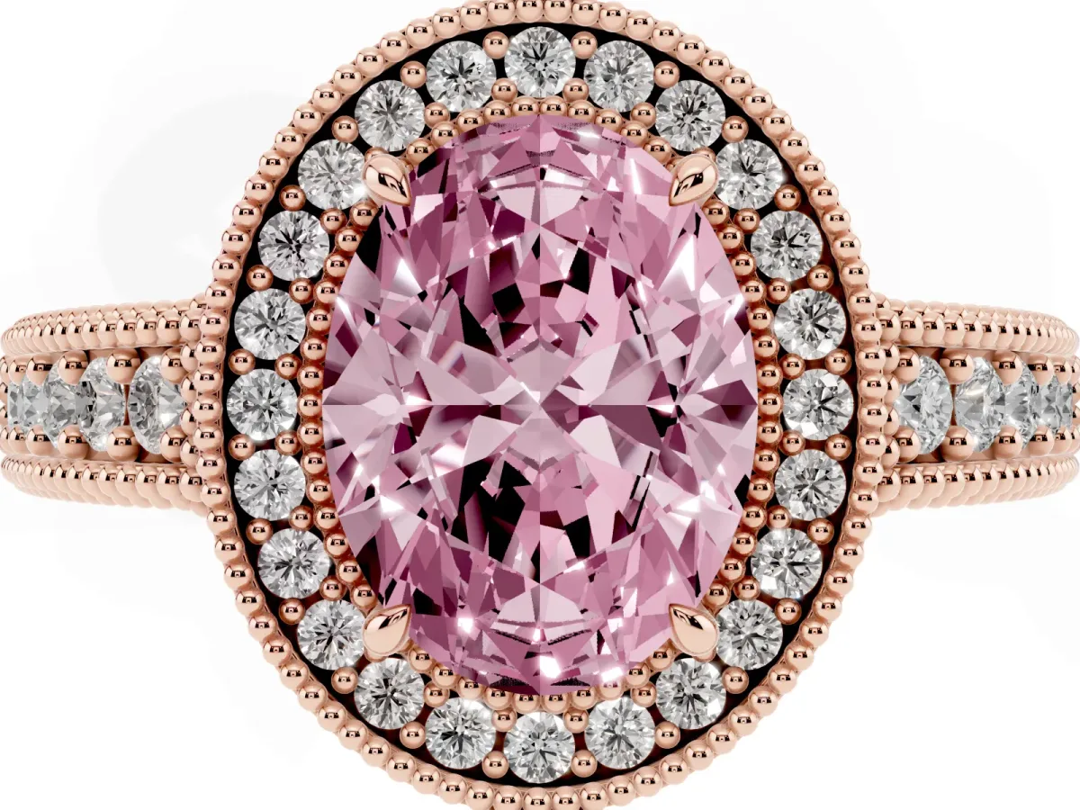 Fancy Pink Oval Cut Cut Halo Diamond Ring with Pavé Band and Four-Prong Setting Rose gold