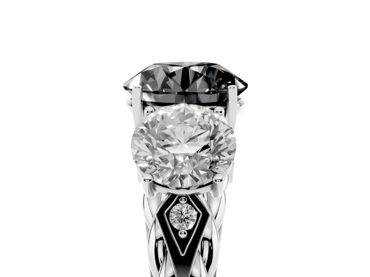 Fancy Black Three-Stone Round Cut Diamond Braided Band Ring with Four-Prong Setting Platinum