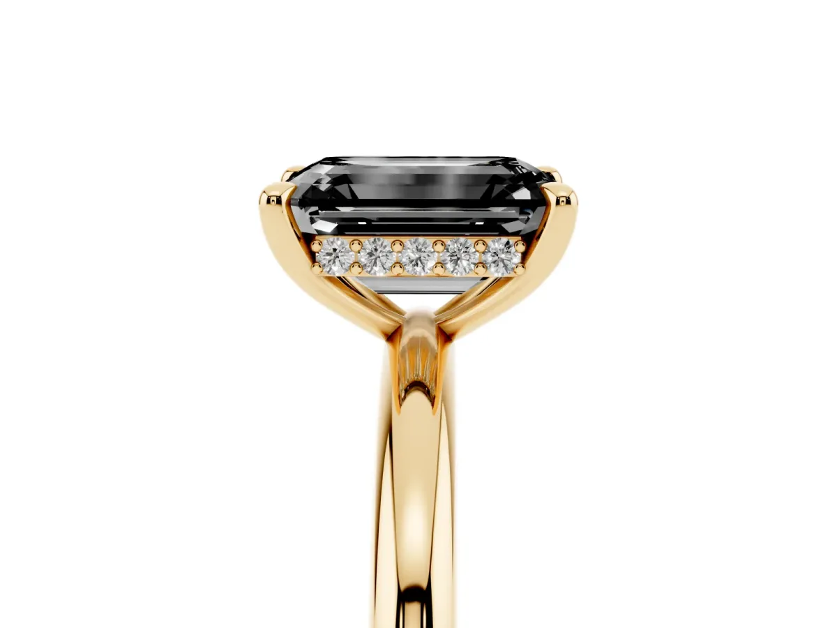 Fancy Black Emerald Cut Diamond Solitaire Ring with Thin Band and Four-Prong Setting Yellow gold