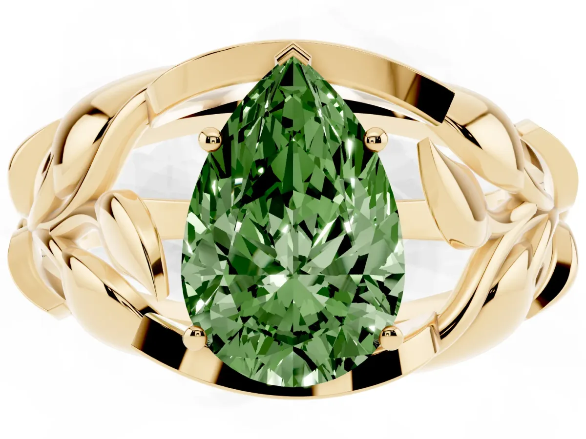 Fancy Green Pear Cut Diamond Leaf-Inspired Engagement Ring with Round Accents and Prong Setting Yellow gold