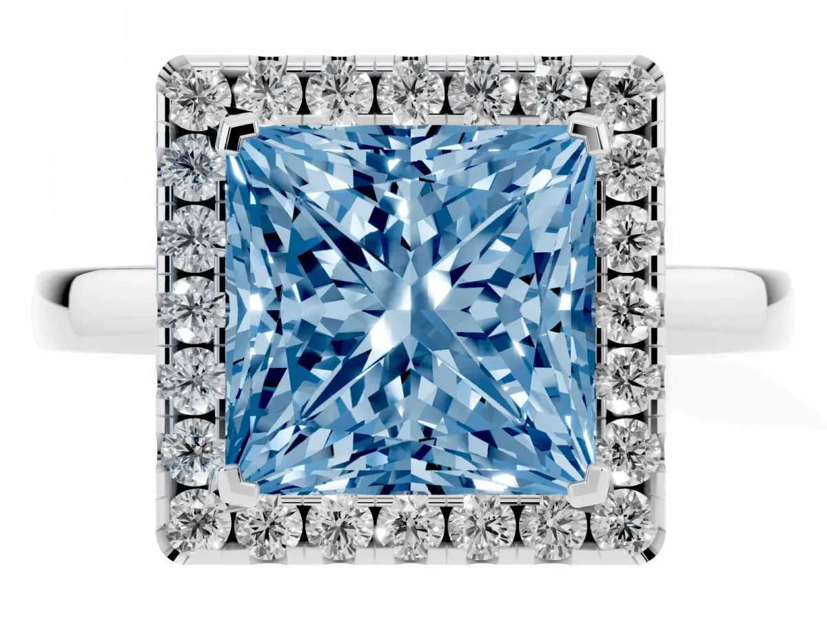 Fancy Blue Princess Cut Halo Diamond Solitaire with Pavé Band and Four-Prong Setting White gold