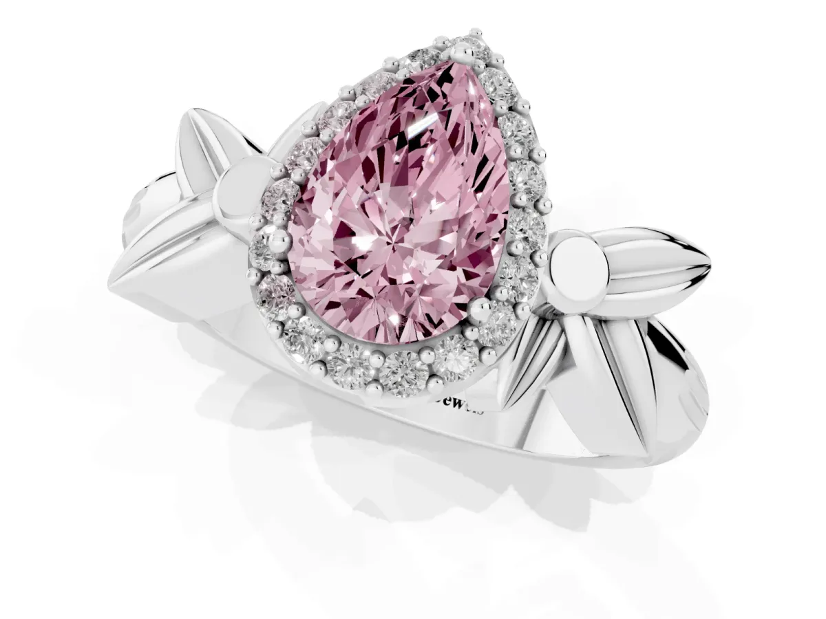 Fancy Pink Pear Cut Halo Diamond Floral Band with Four-Prong Setting White gold