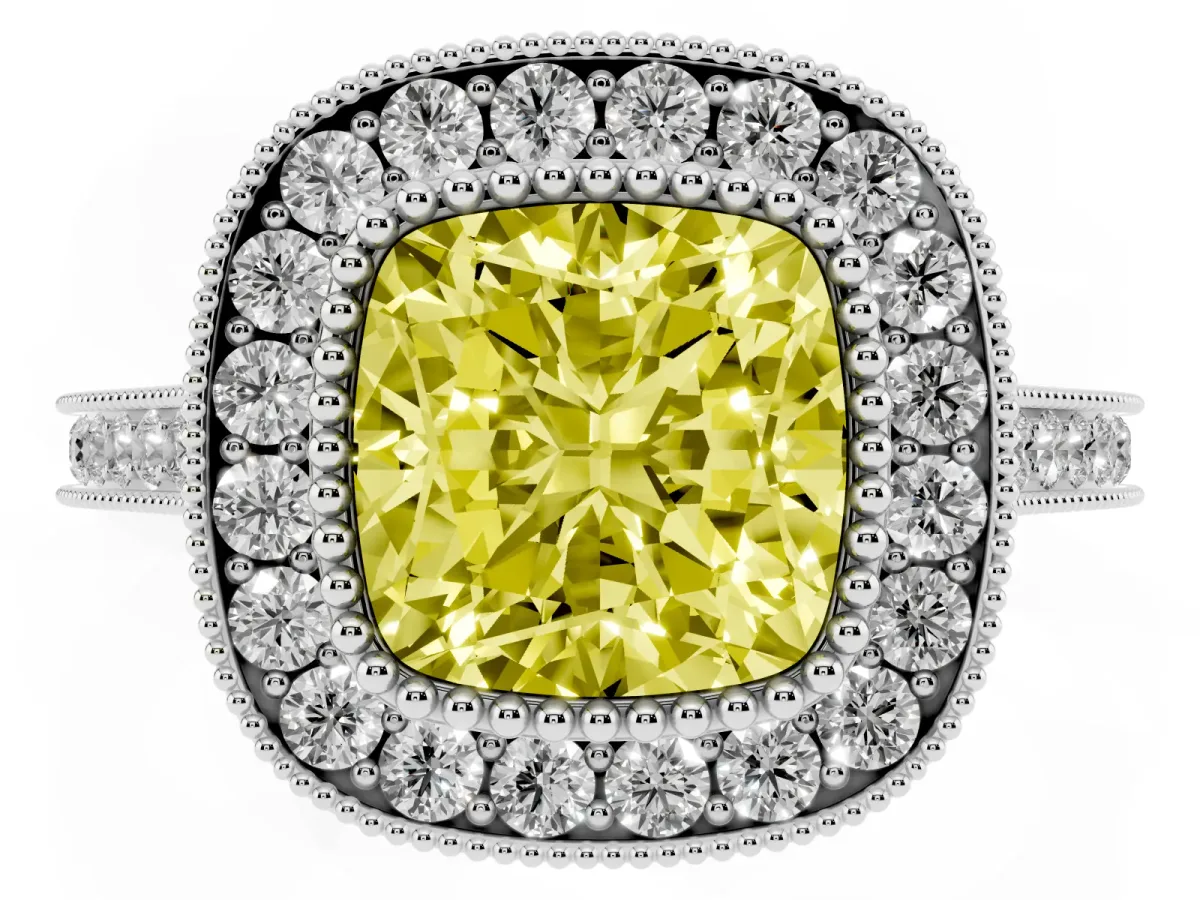 Fancy Yellow Cushion Cut Diamond Halo Ring with Milgrain Frame and Pavé Band White gold