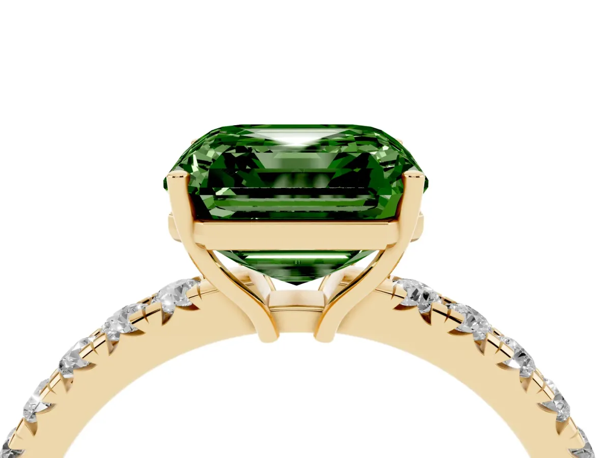 Fancy Green Asscher Cut Diamond Pavé Solitaire Engagement Ring with Four-Prong Setting Yellow gold
