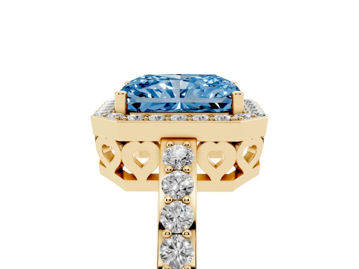 Fancy Blue Radiant Cut Halo Diamond Pavé Band Ring with Prong Setting Yellow gold