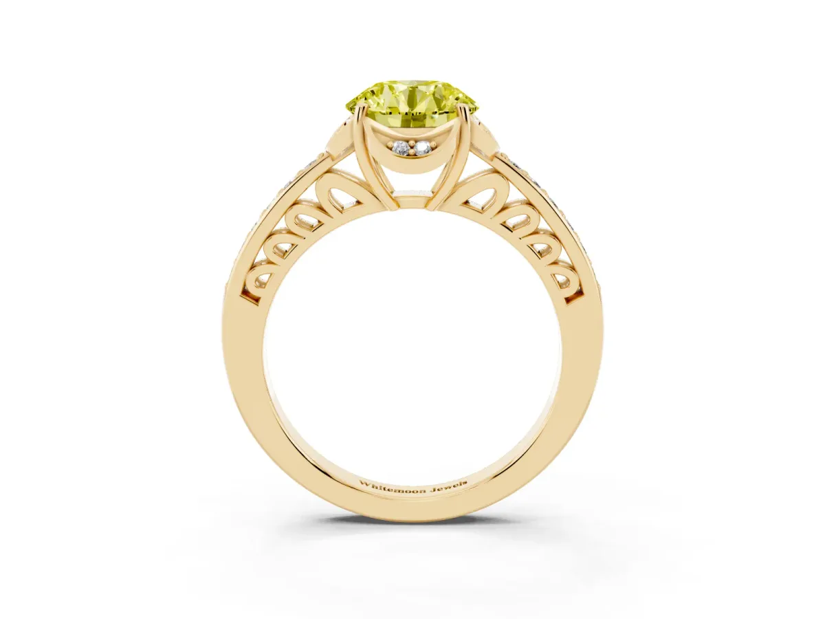Fancy Yellow Round Cut Cut Halo Diamond Ring with Channel Set Band and Four-Prong Setting Yellow gold