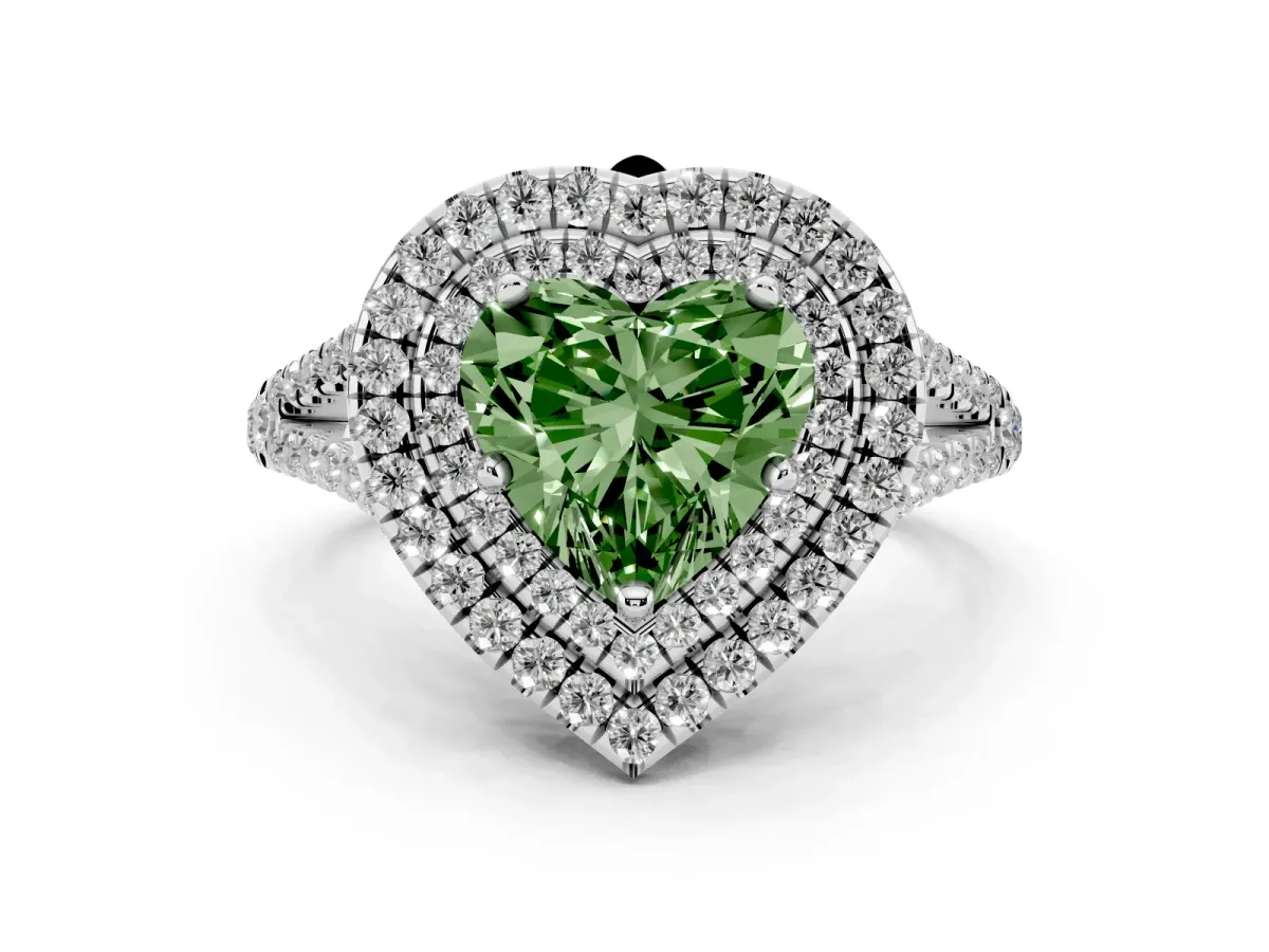 Fancy Green Heart Cut Diamond Double Halo Ring with Pavé Band and Prong Setting Silver