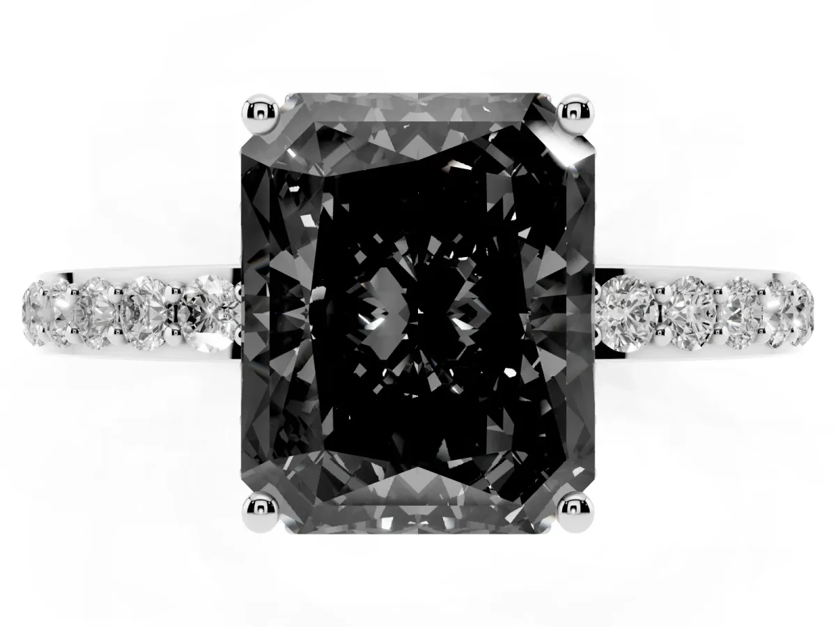 Fancy Black Radiant Cut Diamond Solitaire Ring with Pavé Band and Hidden Halo White gold