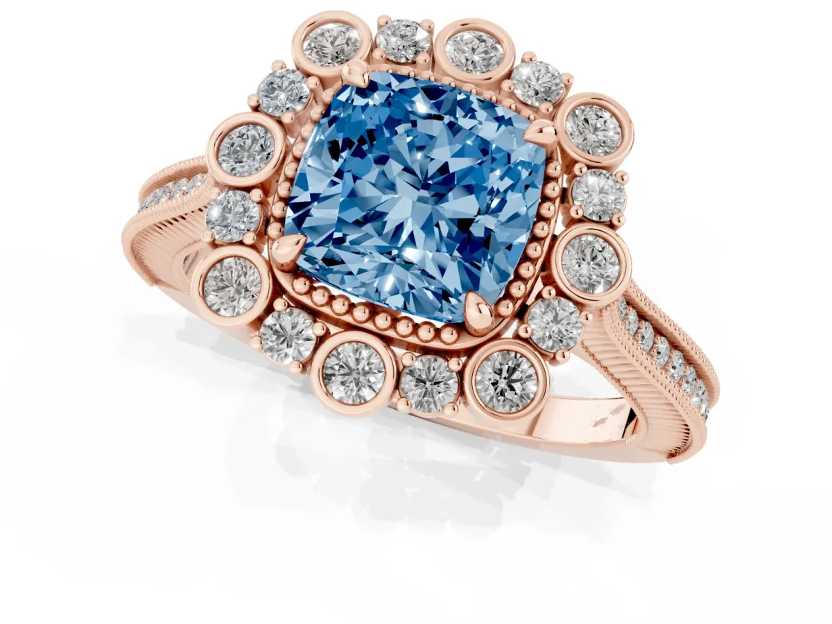 Fancy Blue Cushion Cut Halo Milgrain Pave Diamond Ring with Four-Prong Setting Rose gold