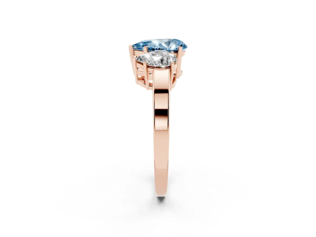 Fancy Blue Three-Stone Pear Cut Cut Diamond Engagement Ring with Flat Band and Four-Prong Setting Rose gold