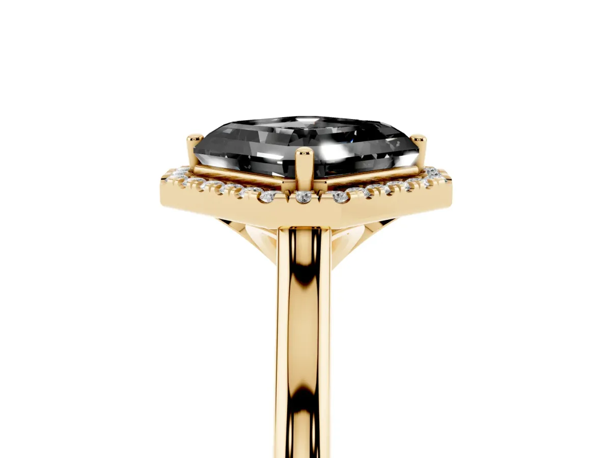 Fancy Black Asscher Cut Halo Round Diamond Solitaire Engagement Ring with Pave Band and Four-Prong Setting Yellow gold