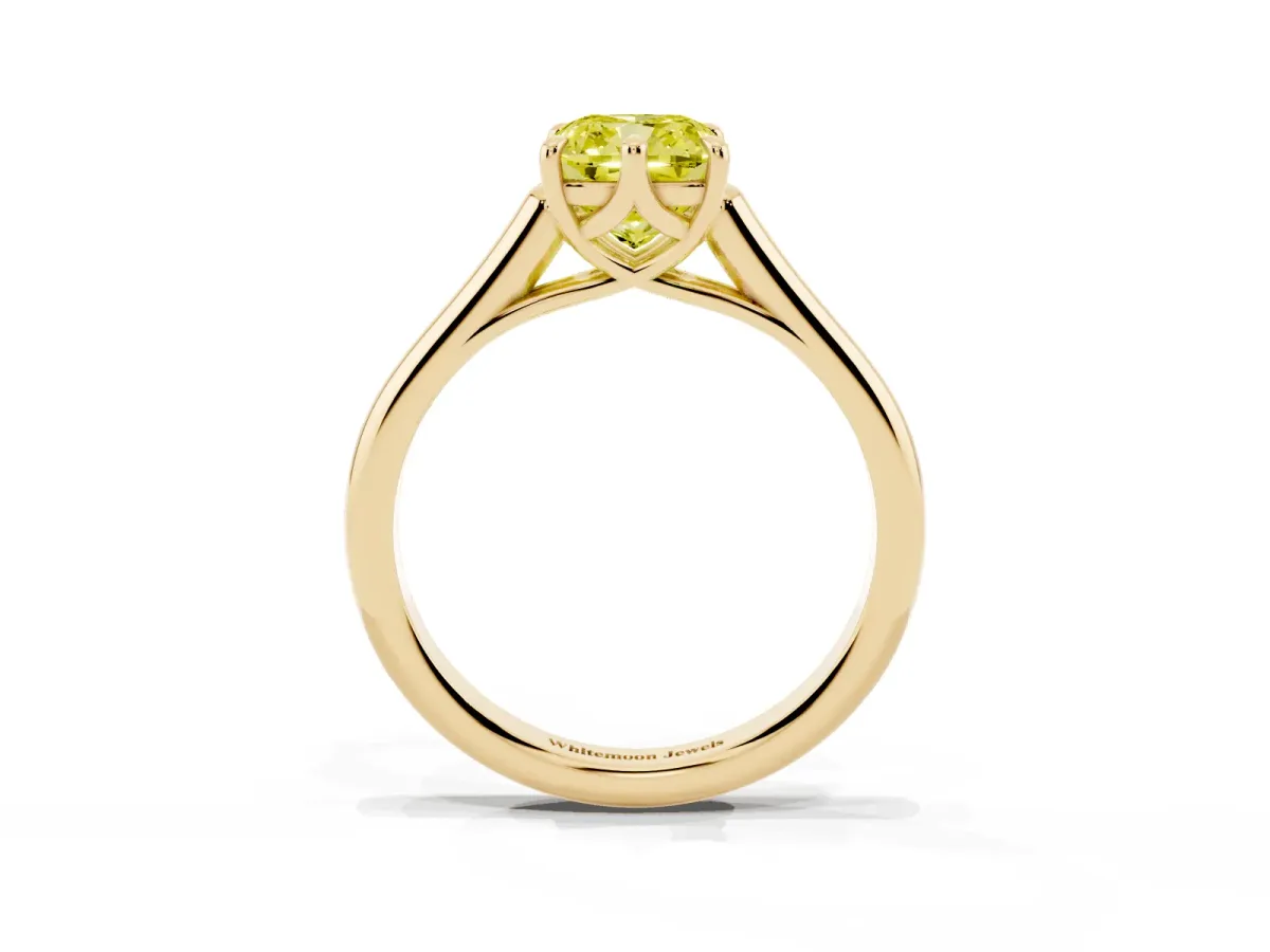 Fancy Yellow Cushion Cut Solitaire Engagement Ring with Six-Prong Setting and Classic Band Yellow gold