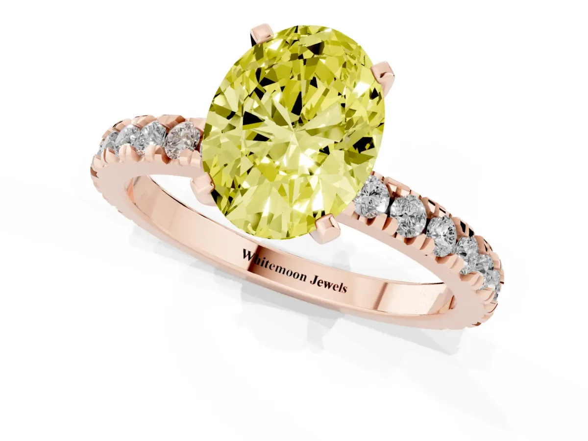 Fancy Yellow Oval Cut Diamond Pavé Band Solitaire with Four-Prong Setting Rose gold