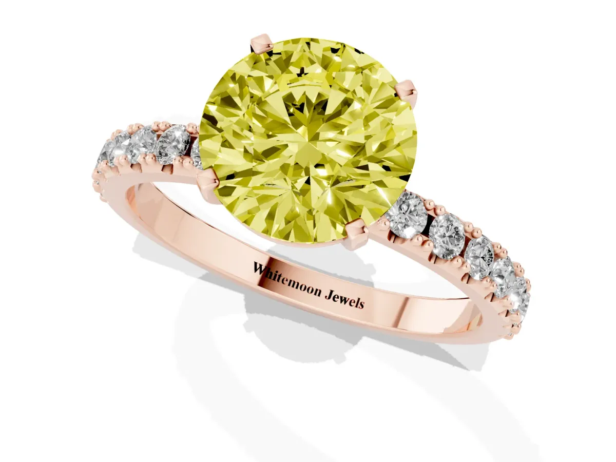 Fancy Yellow Round Cut Diamond Solitaire Pavé Band with Four-Prong Setting Rose gold