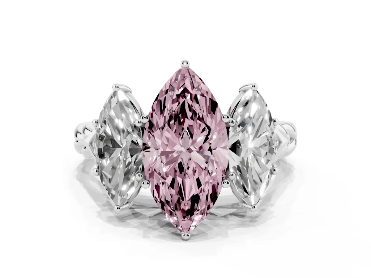 Fancy Pink Three-Stone Marquise Cut Diamond Braided Band Ring with Four-Prong Setting Platinum