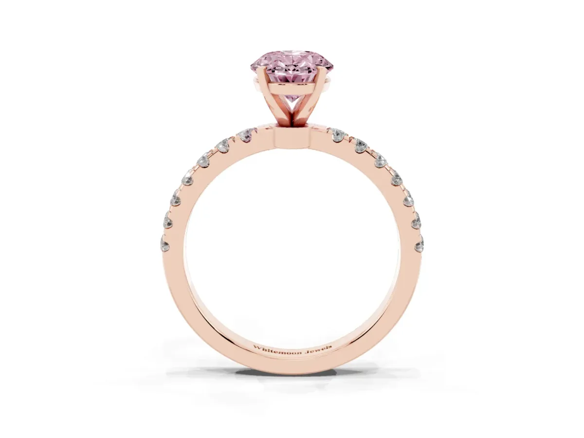 Fancy Pink Oval Cut Diamond Solitaire Ring with Pavé Accents and Four-Prong Setting Rose gold