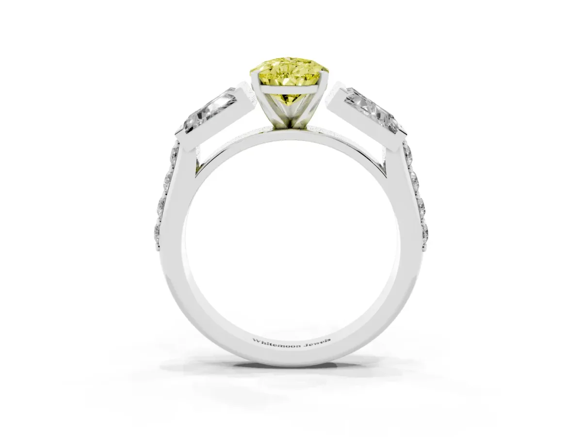 Fancy Yellow Pear Cut Diamond Engagement Ring with Baguette Side Stones and Channel Set Band White gold