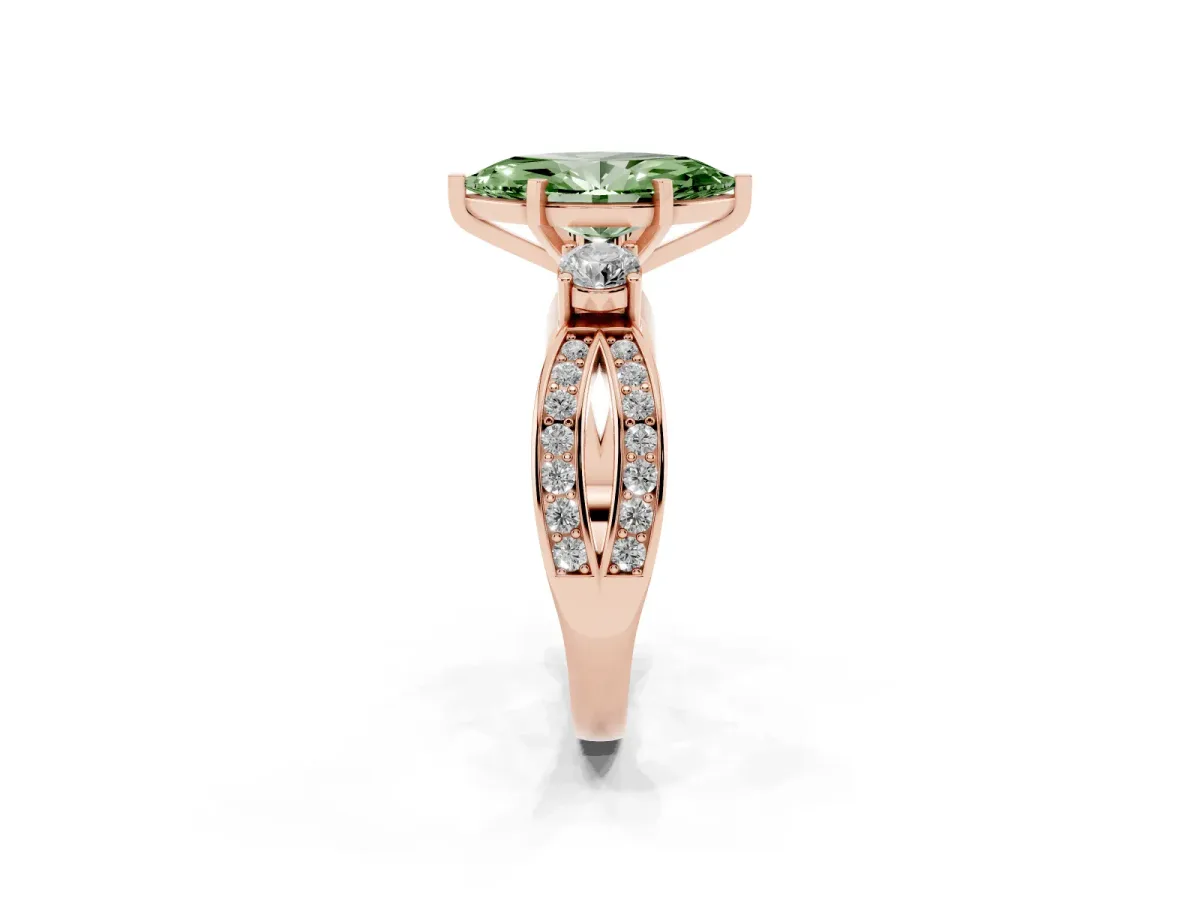 Fancy Green Three-Stone Marquise Cut Cut Diamond Twist Band with Prong Setting Rose gold
