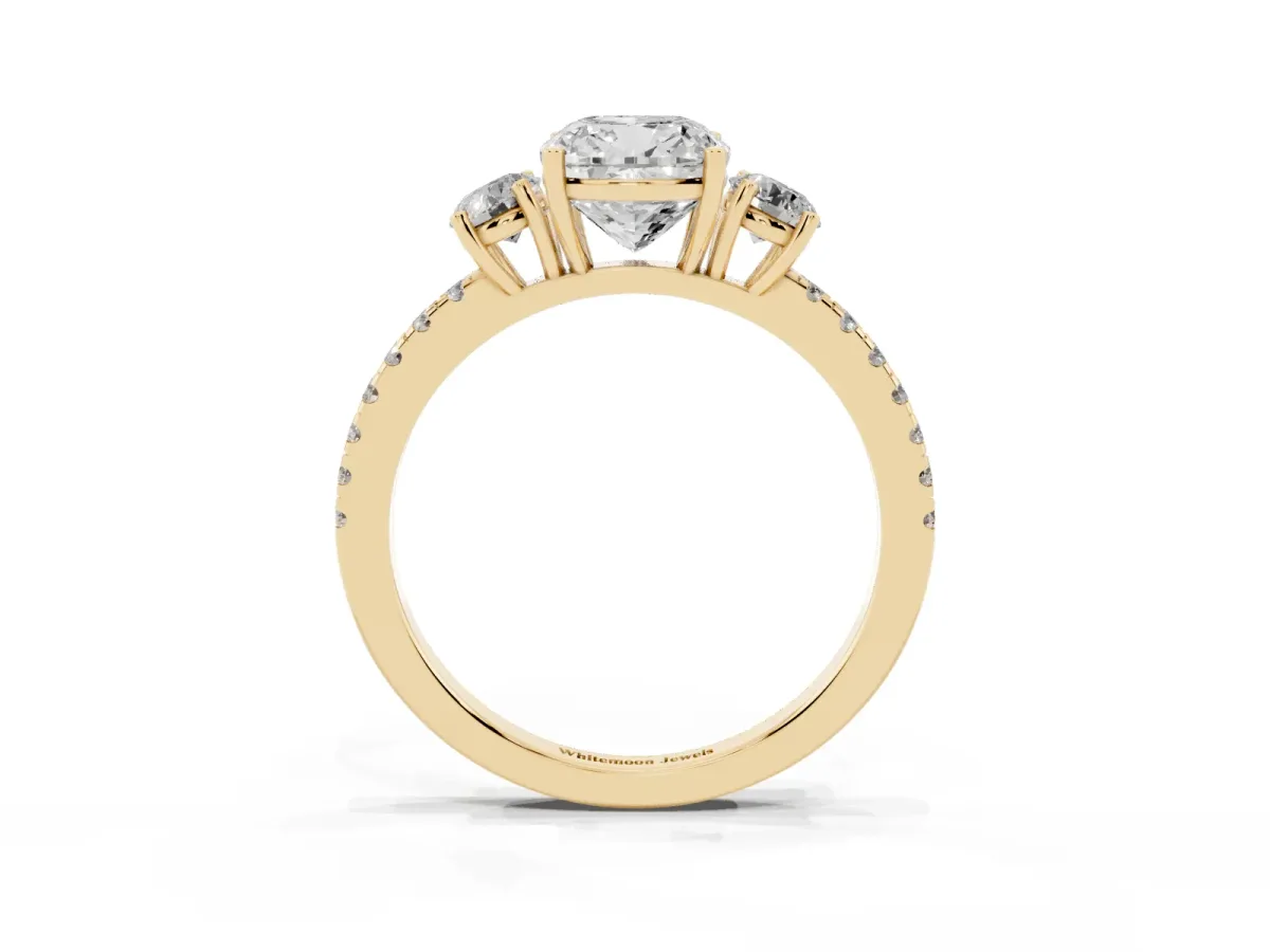 Three-Stone Cushion Cut Cut Diamond Pavé Band with Prong Setting Yellow gold