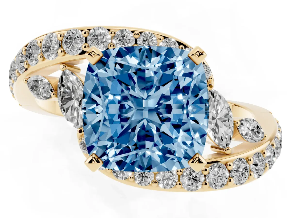 Fancy Blue Cushion Cut Solitaire with Pavé Twist Band and Four-Prong Setting Yellow gold