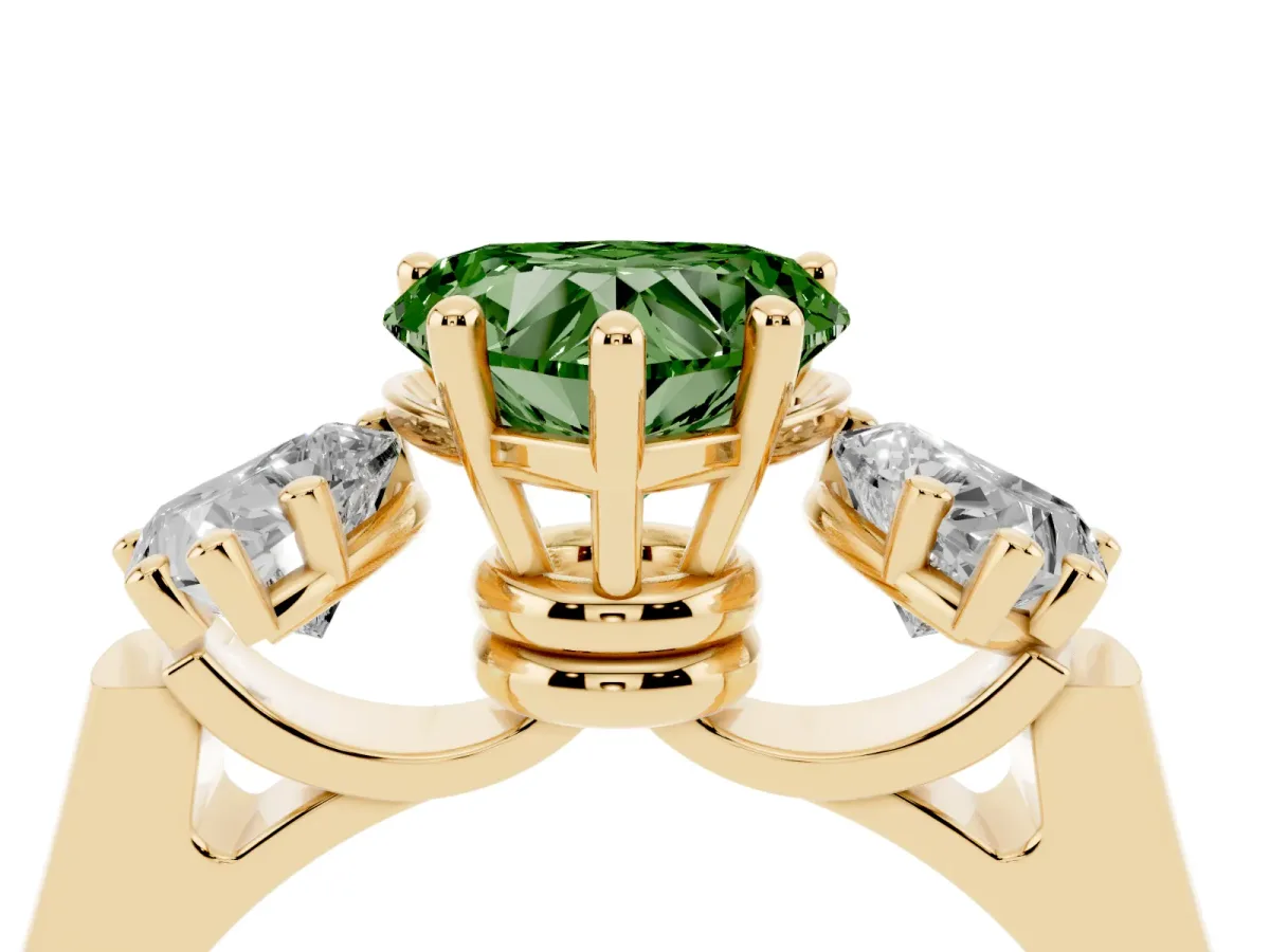 Fancy Green Three-Stone Heart Cut Brilliant Diamond Trellis Ring with Comfort Fit Band Yellow gold