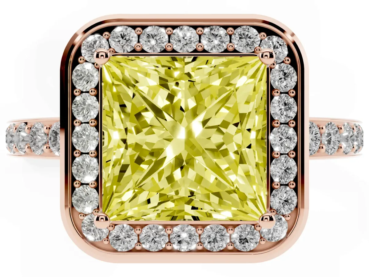 Fancy Yellow Princess Cut Diamond Halo Ring with Bezel Frame and Pavé Band Rose gold