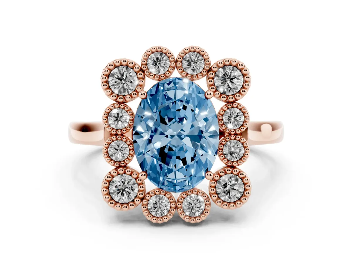 Fancy Blue Oval Cut Halo Diamond Cluster Engagement Ring with Milgrain Bezel Setting and Solitaire Band Rose gold