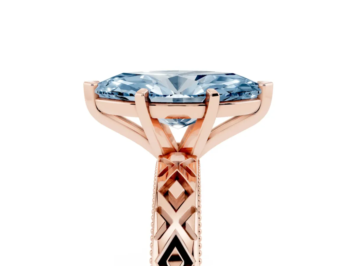 Fancy Blue Marquise Cut Solitaire Diamond Ring with Milgrain and Black Enamel X Pattern Band Rose gold
