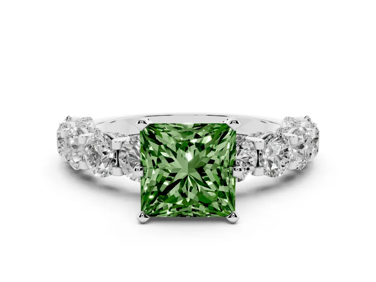 Fancy Green Princess Cut Diamond Side Stone Engagement Ring with Four-Prong Setting Silver