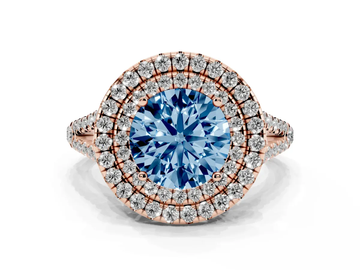Fancy Blue Round Cut Diamond Double Halo Ring with Pavé Band and Prong Setting Rose gold