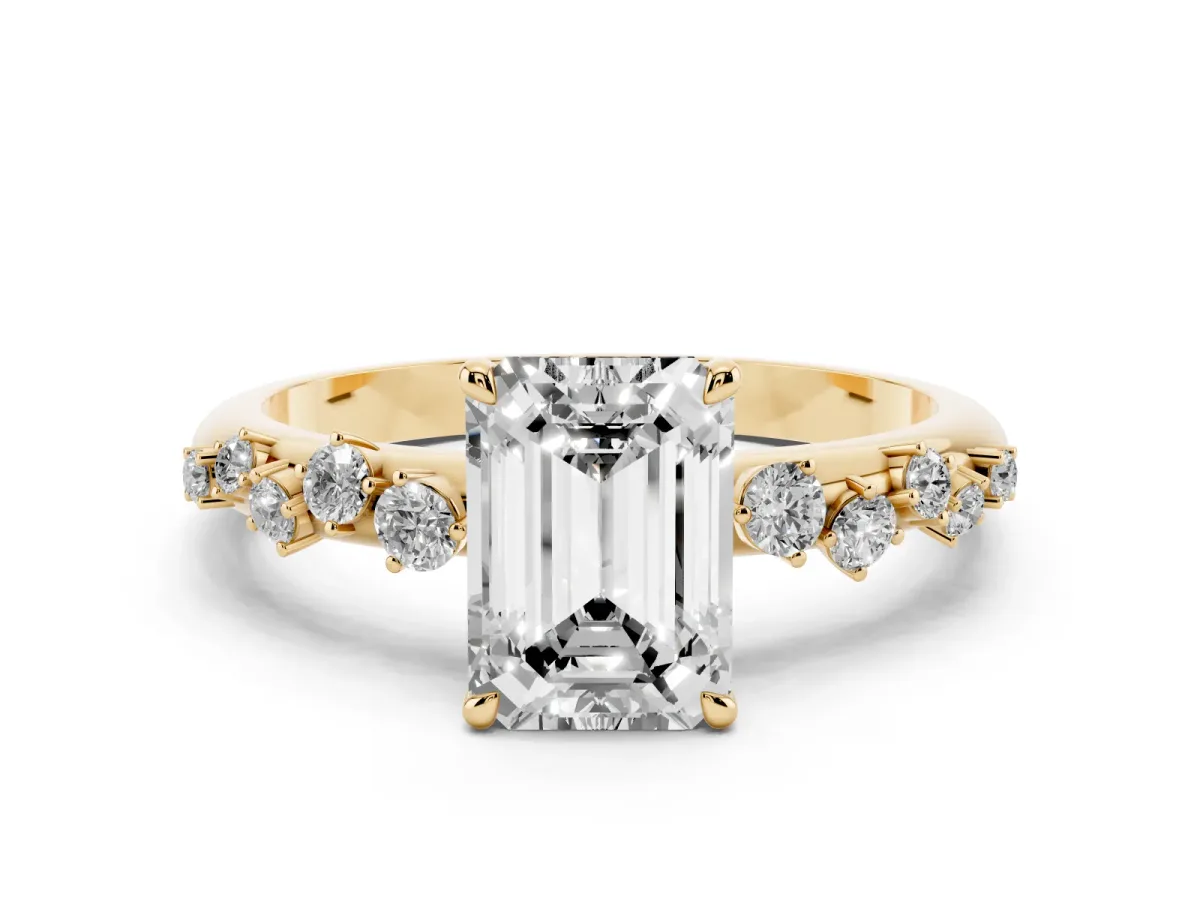 Emerald Cut Diamond Cluster Prong-Set Solitaire Ring Yellow gold