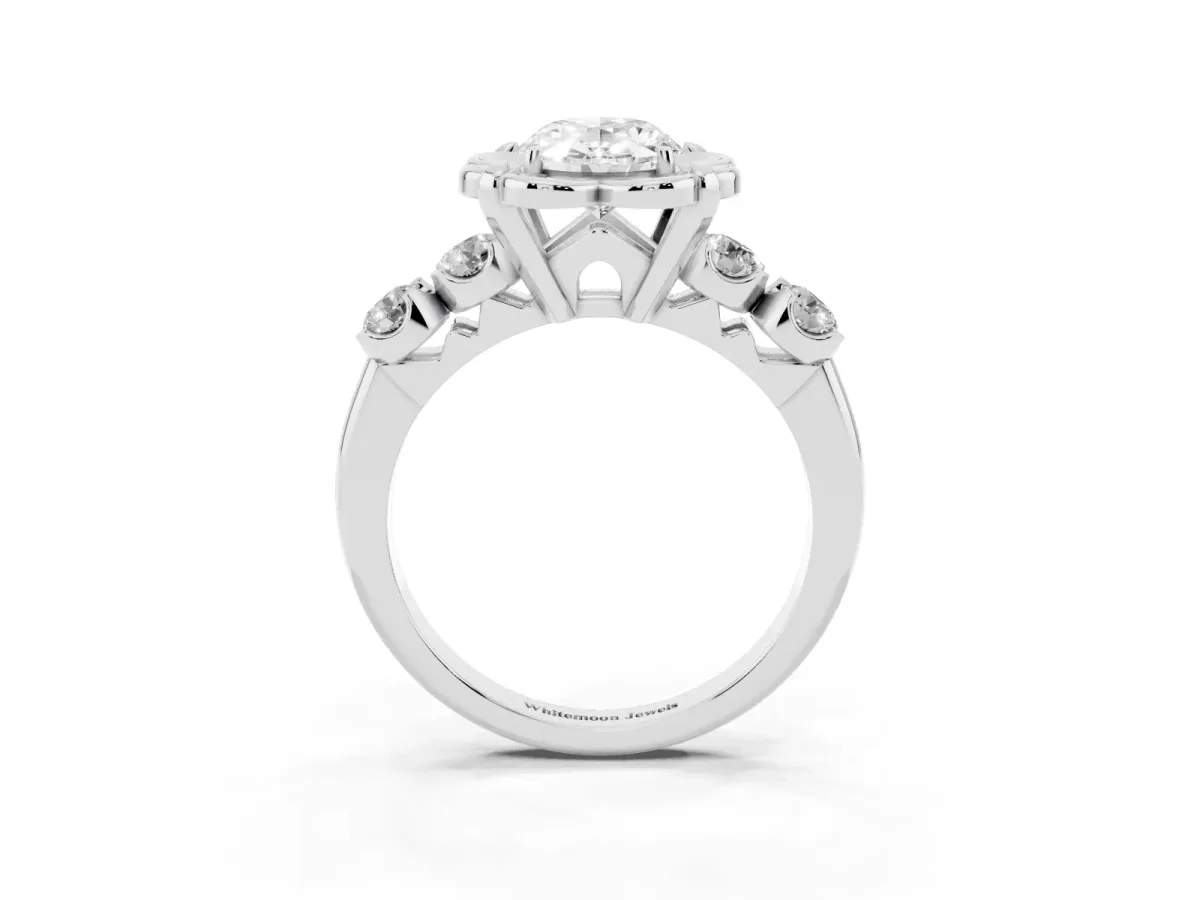 Oval Cut Cut Diamond Floral Halo Engagement Ring with Shared Prong Setting Platinum
