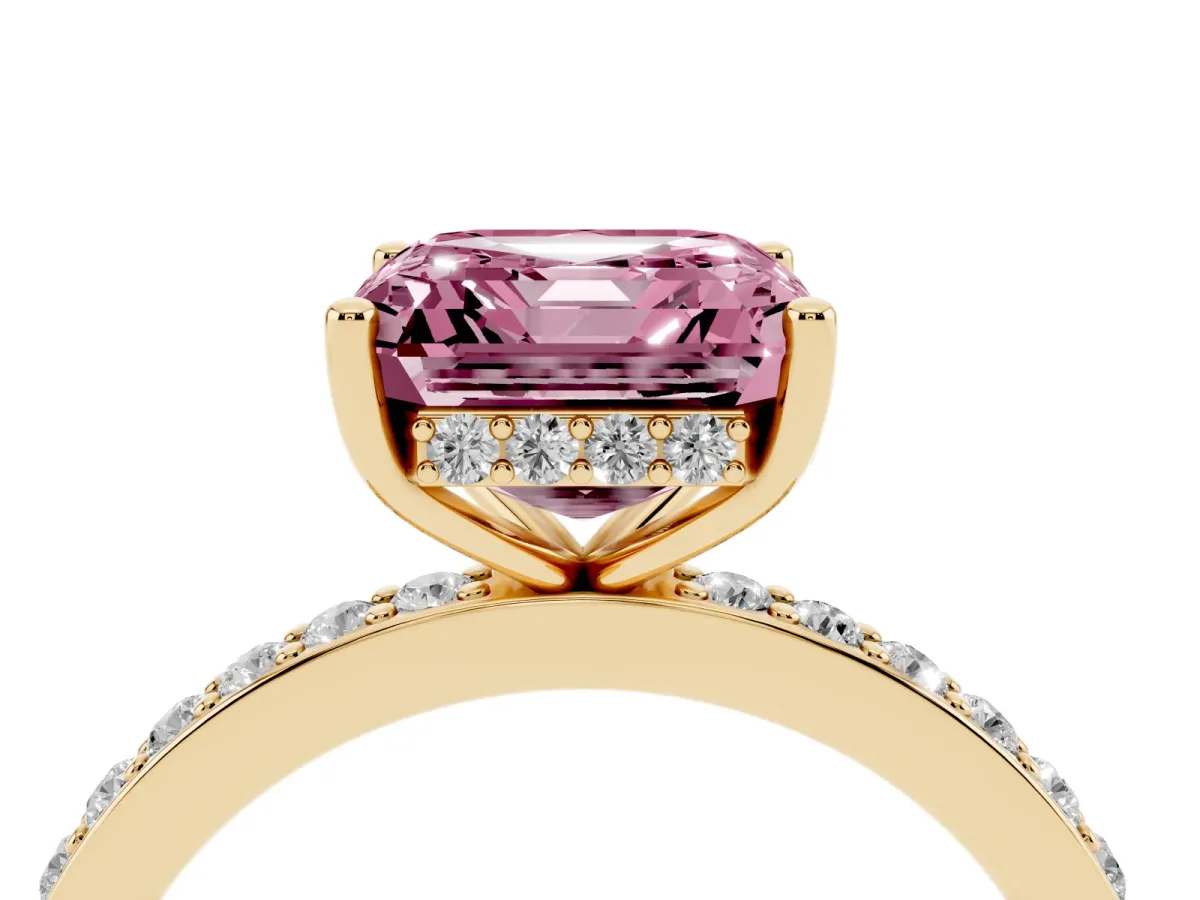 Fancy Pink Asscher Cut Cut Diamond Pavé Band Ring with Four-Prong Setting Yellow gold