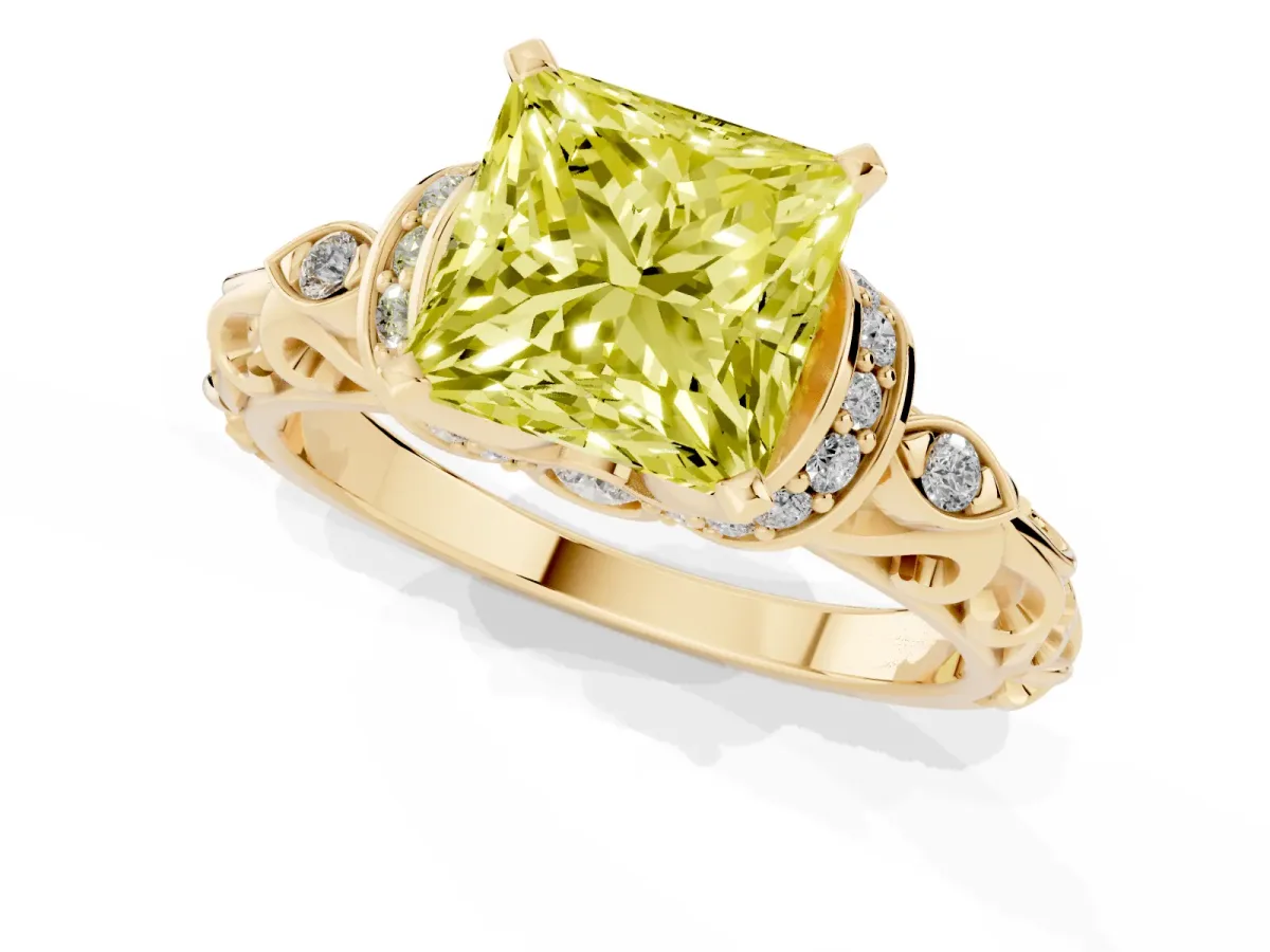 Fancy Yellow Princess Cut Diamond Solitaire Ring with Filigree Band and Four-Prong Setting Yellow gold