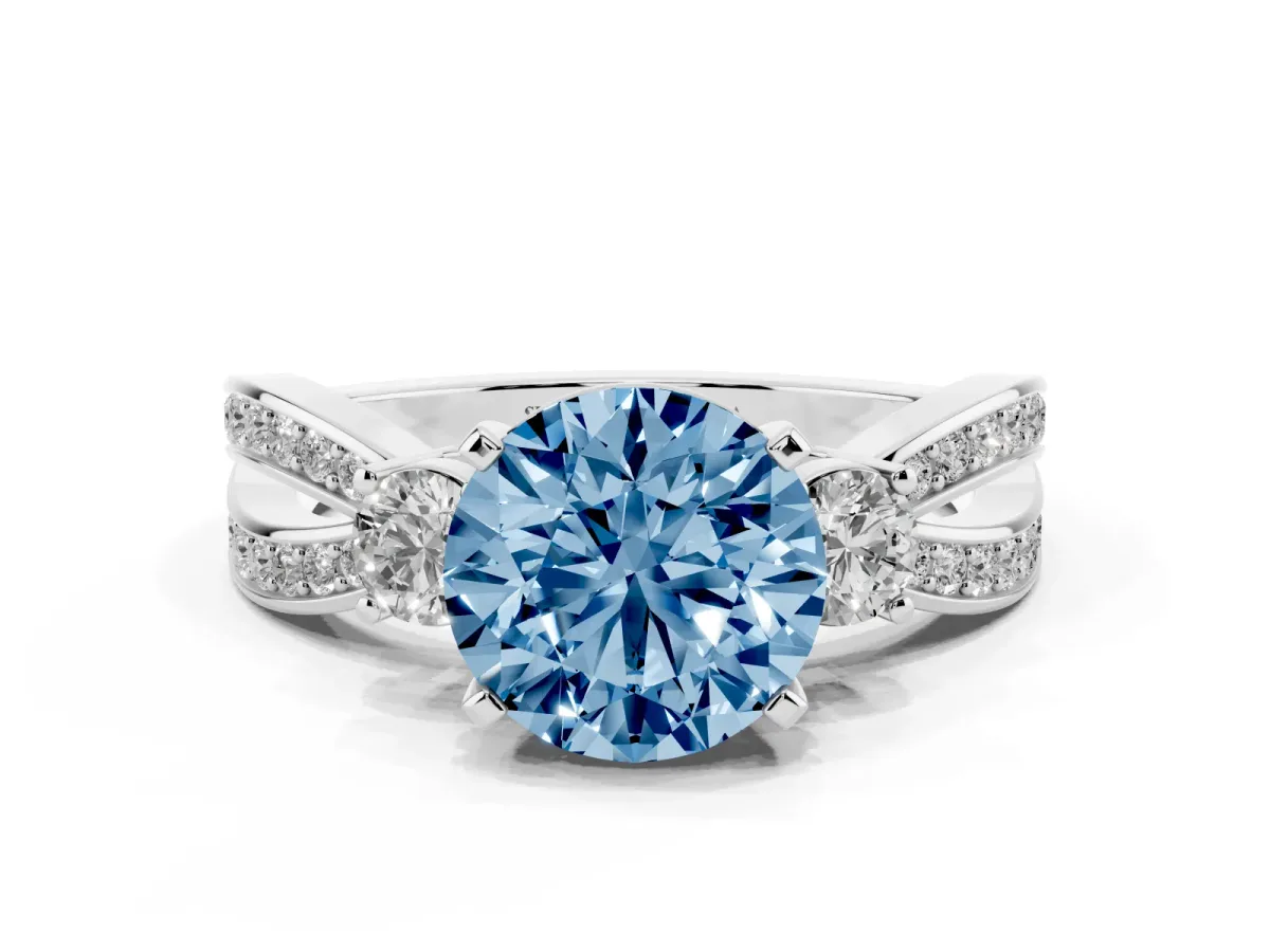 Fancy Blue Three-Stone Round Cut Cut Diamond Twist Band with Prong Setting Silver