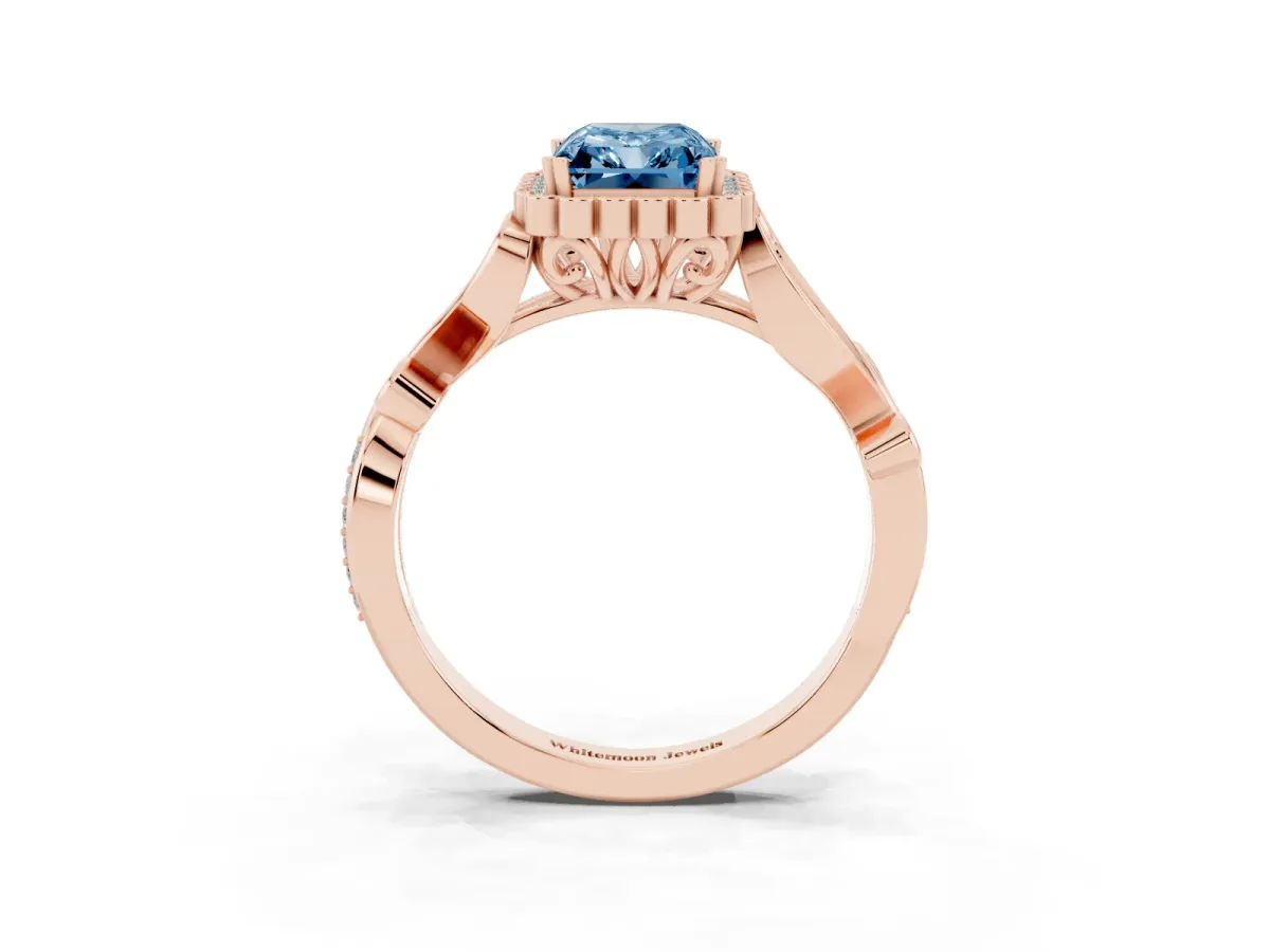 Fancy Blue Radiant Cut Diamond Halo Ring with Vintage Split Shank and Four-Prong Setting Rose gold