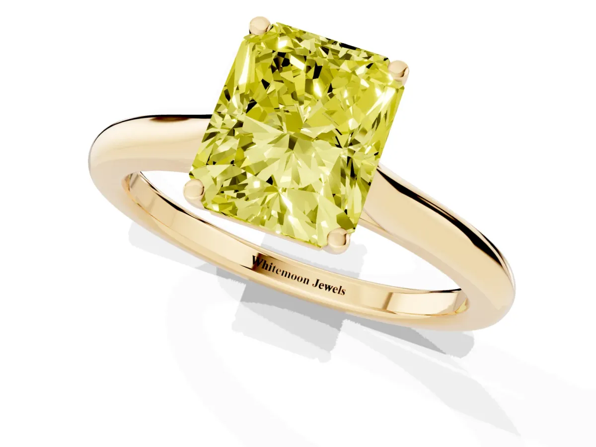 Fancy Yellow Radiant Cut Cut Solitaire Ring with Cathedral Band and Four-Prong Setting Yellow gold