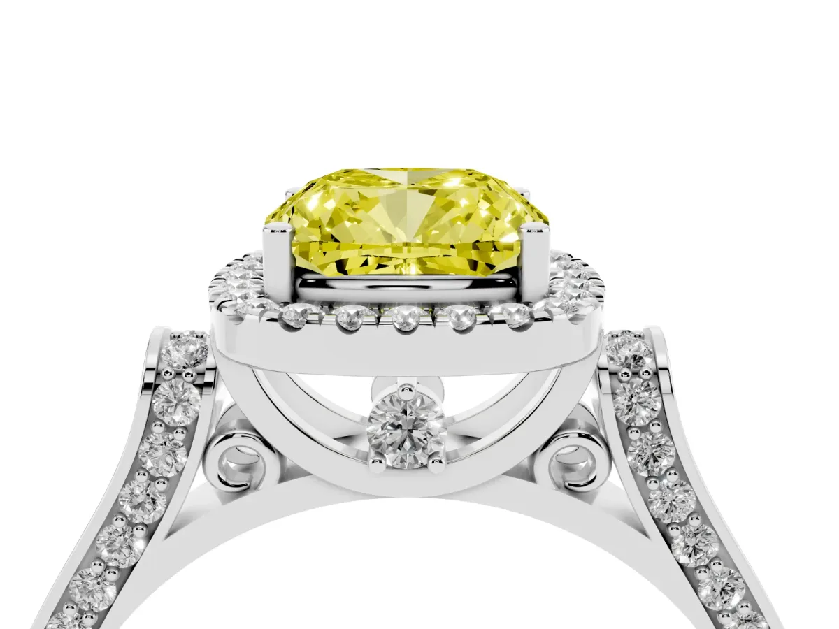 Fancy Yellow Cushion Cut Halo Pave Split Shank Prong Setting Ring Silver