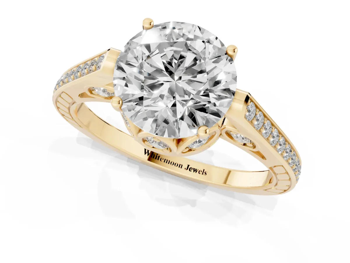 Round Cut Cut Cathedral Pave Diamond Engagement Ring with Six-Prong Setting Yellow gold