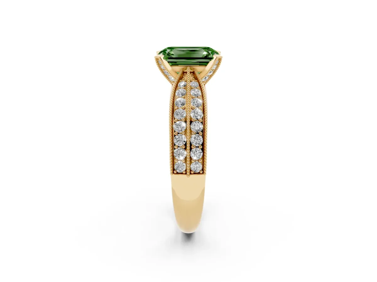 Fancy Green Emerald Cut Diamond Solitaire Ring with Milgrain Round Pavé Band and Prong Setting Yellow gold