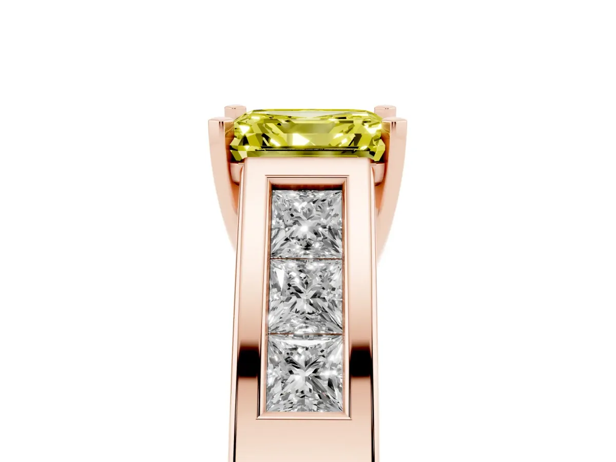 Fancy Yellow Asscher Cut Cut Channel Set Solitaire Ring with Four-Prong Setting Rose gold