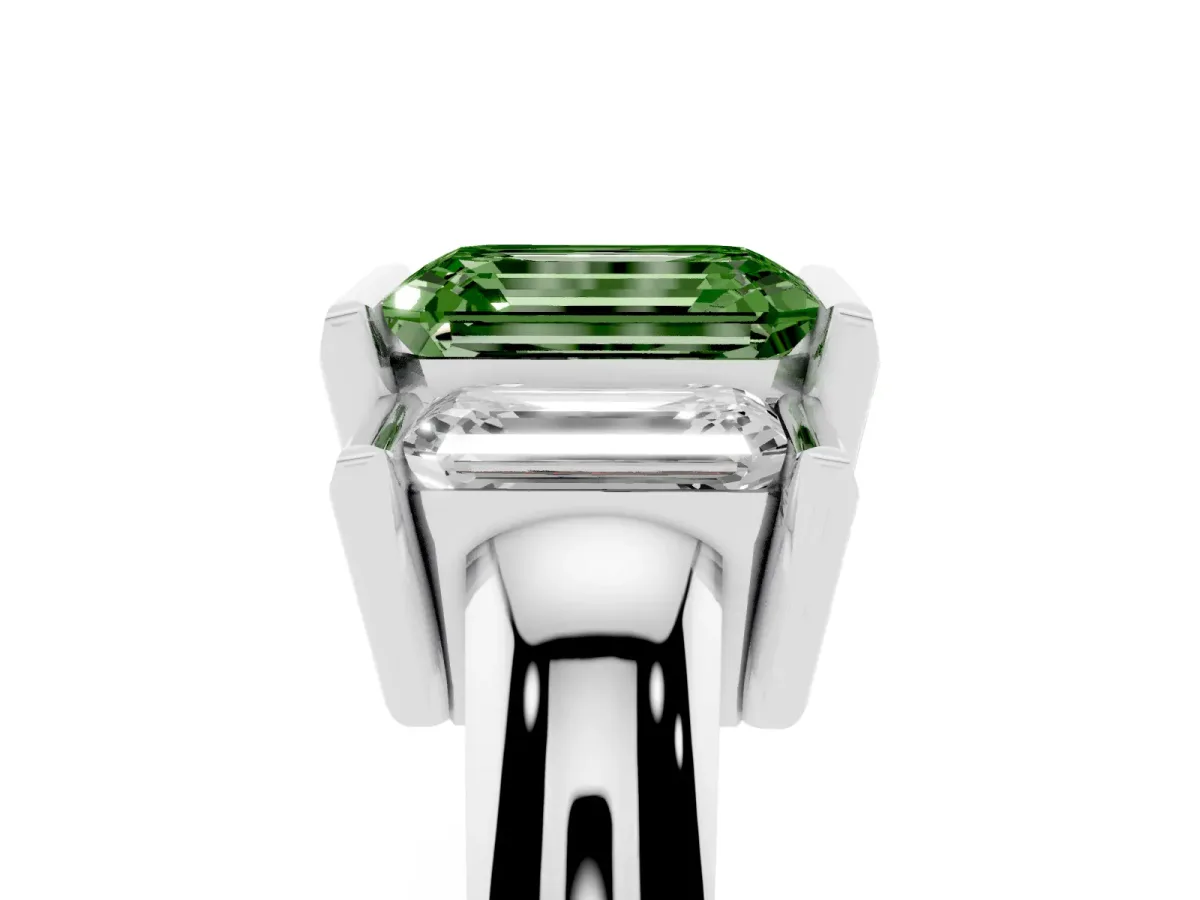 Fancy Green Three Stone Emerald Cut Cut Channel Set Diamond Ring Platinum