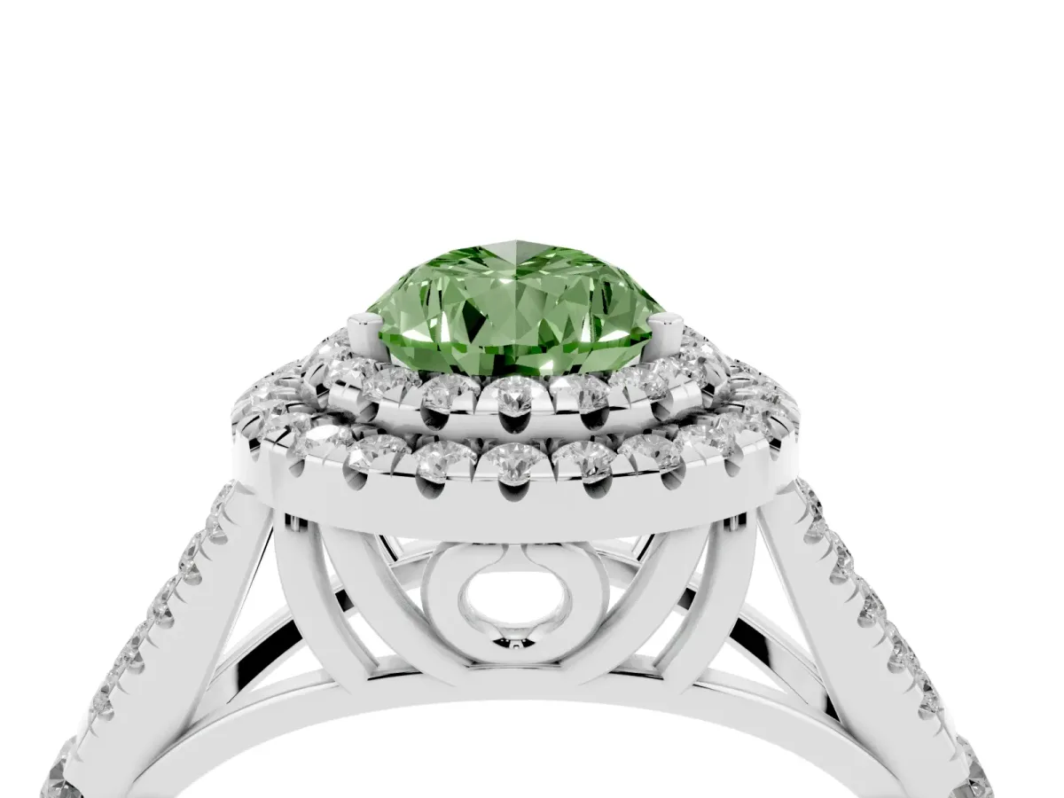 Fancy Green Double Halo Pear Cut Diamond Split Shank Engagement Ring with Four-Prong Setting Silver