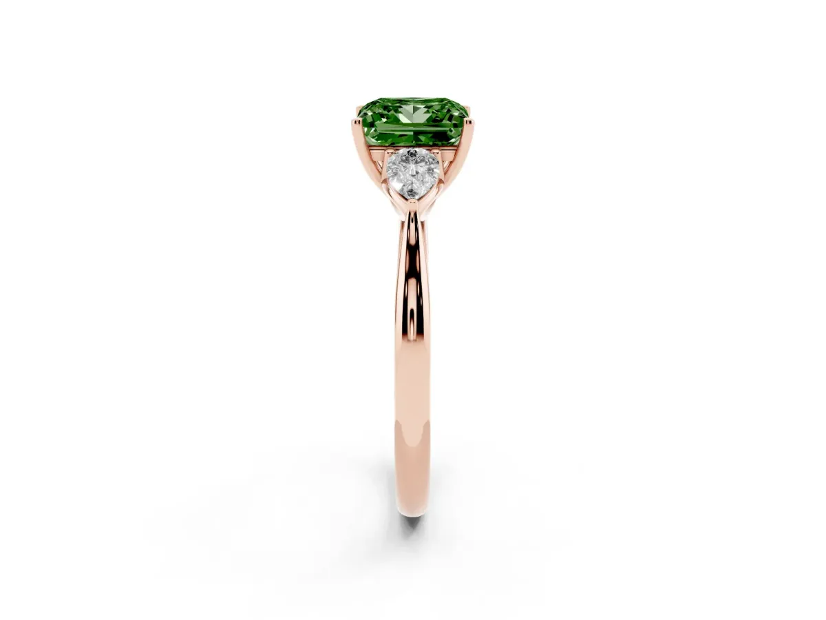 Fancy Green Princess Cut Diamond Three-Stone Ring with Pear Side Stones and Prong Setting Rose gold