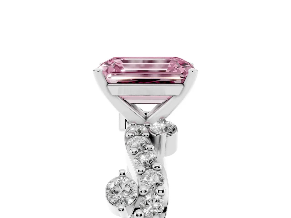 Fancy Pink Emerald Cut Cut Solitaire Diamond Twisted Band with Pave Setting Platinum