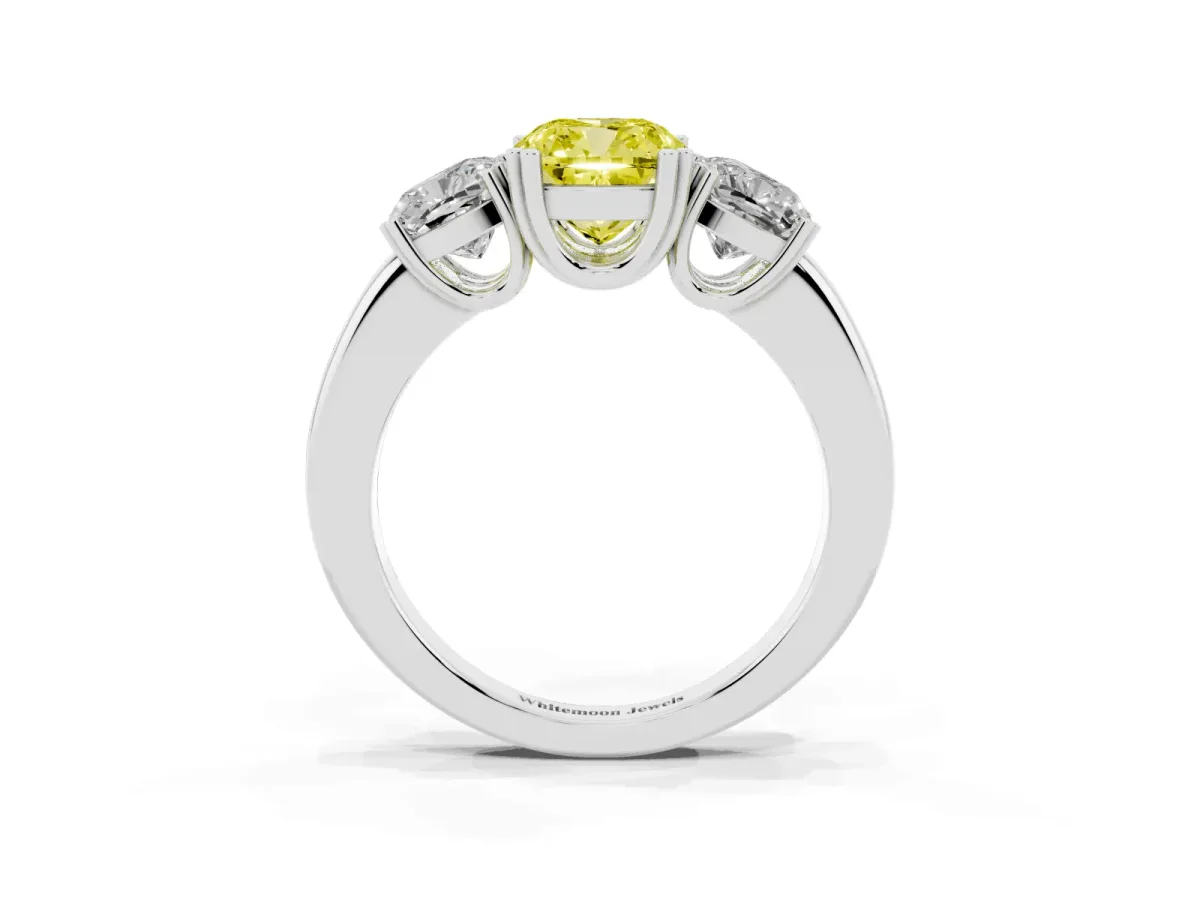Fancy Yellow Three-Stone Cushion Cut Cut Diamond Ring with Channel Set Band and Four-Prong Setting Silver