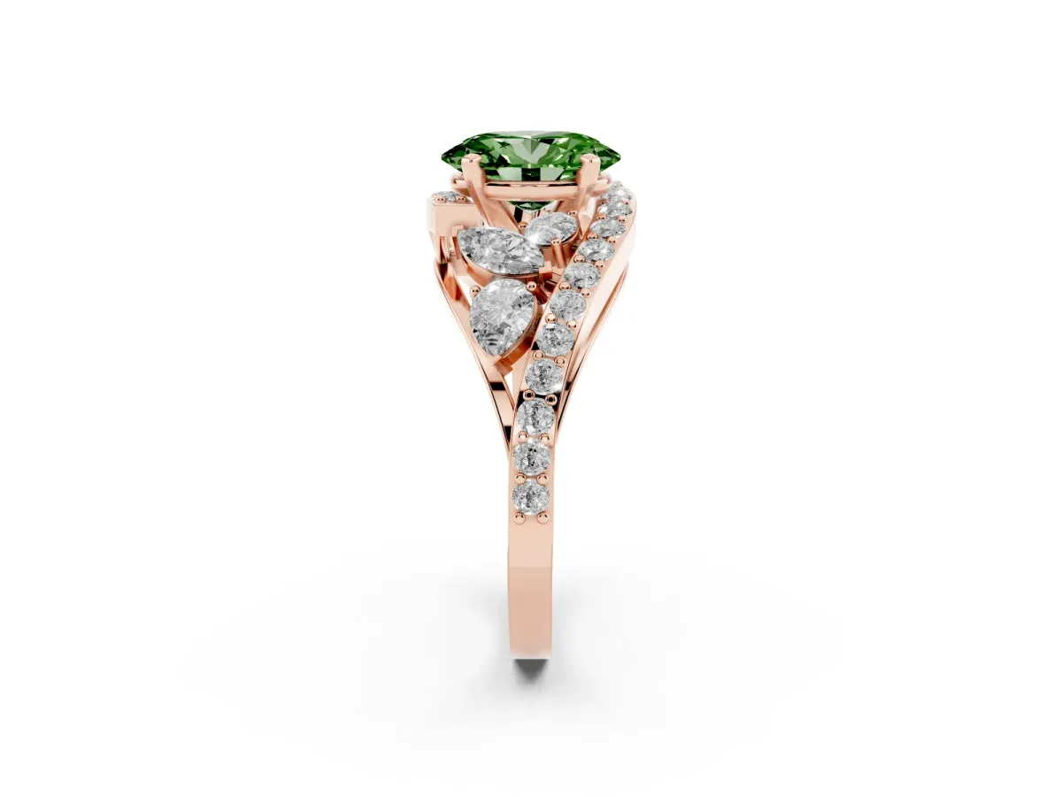 Fancy Green Oval Cut Diamond Halo Ring with Marquise and Pavé Band in Prong Setting Rose gold
